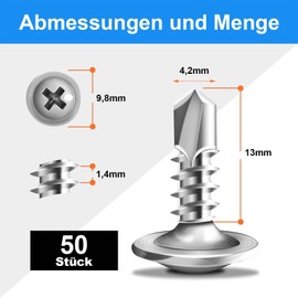 Pack of 50 self-tapping screws, 4.2 x 13 mm, self-tapping screws, stainless steel, Phillips screws, with screwdriver bit