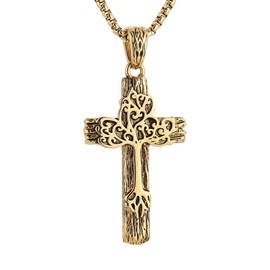 HZMAN Retro Gold Cross Necklace for Men Stainless Steel Tree of Life Cross Pendant Necklace Spiritual Belief Amulet Jewelry Gift