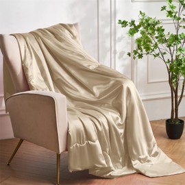 Gezu Cuddly Blanket Satin Blanket 220 x 240 cm Silk Blankets Beige Sofa Blanket Cooling Silky Silk Summer Blanket Lightweight Soft Luxury Smooth Shiny Satin Bedspread for Bed Sofa Couch Bedroom Office