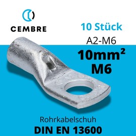 Pack of 10 CEMBRE A2 M6 Tubular Cable Lug 10 mm² M6 Uninsulated Copper Tin-plated