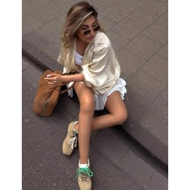 Hvewarm Womens Casual Puffed Bomber Jackets Lightweight Pleats Bubble Sleeves Lapel Collar Zipper Shirts Streetwear(H252-Beige-M)