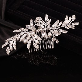 Teyglen Leaf Bride Wedding Hair Comb Rhinestone Pearl Nupcial Hair Pieces Dainty Side Hair Peine Piece Para Novia Crystal Accesorios Para El Cabello Para Mujeres Niñas Plata