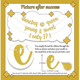 Double-Side Dancing Queen Young & Sweet Only 17 Banner Happy Girls 17th Birthday Decor Cheer 17 Years Old Party Decor Dancing Queen 17 Decoration Happy 17th Birthday Party Supplies Gold Glitter