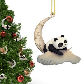 Animals Sitting On The Moon Christmas Tree Ornaments, Panda Christmas Decorations Double-Printed Acrylic Hanging Woodland Xmas Indoor Outdoor Decor, Window Wall Mantel Hanging Decor Home Party