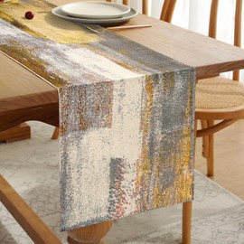 Hanrunsi Linen Table Runner Retro Oil Painting Pattern Tablecloth Yellow and Grey Table Decorative Cloth for Kitchen, Coffee Table, Holiday Parties, Wedding, Events Dinner, Home Decor 33 cm x 183 cm