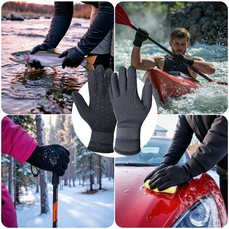 PAWHITS Wetsuit Gloves, 3mm Neoprene Gloves with Adjustable Straps, 5-Finger