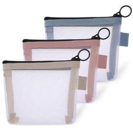 Tweruna 3 Pcs Mini Zipper Mesh Bags, Small Nylon Mesh Makeup Bags, 4.7 x 4 Inch Portable Cosmetic Pouch Travel Purse for Coins, Lipstick, Jewelry, Earphones, Credit Card (Pink, Blue, Yellow)