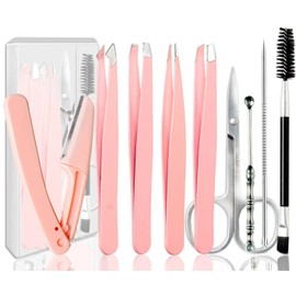 [9+1 PCS] Tweezer Kit, Tweezers for Women Facial Hair, Professional Tweezers Set, Eyebrow Tweezers, Professional Stainless Steel Eyebrow Tweezers for Women &Men (Pink)