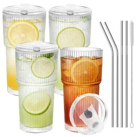 20 oz Glass Tumbler with Straw and Lid Set of 4, Iced Coffee Cups with Lids and Straws,Clear Ribbed Glass Cups Reusable to Go Coffee Tumbler for Matcha, Smoothie, Cocktail,Latte