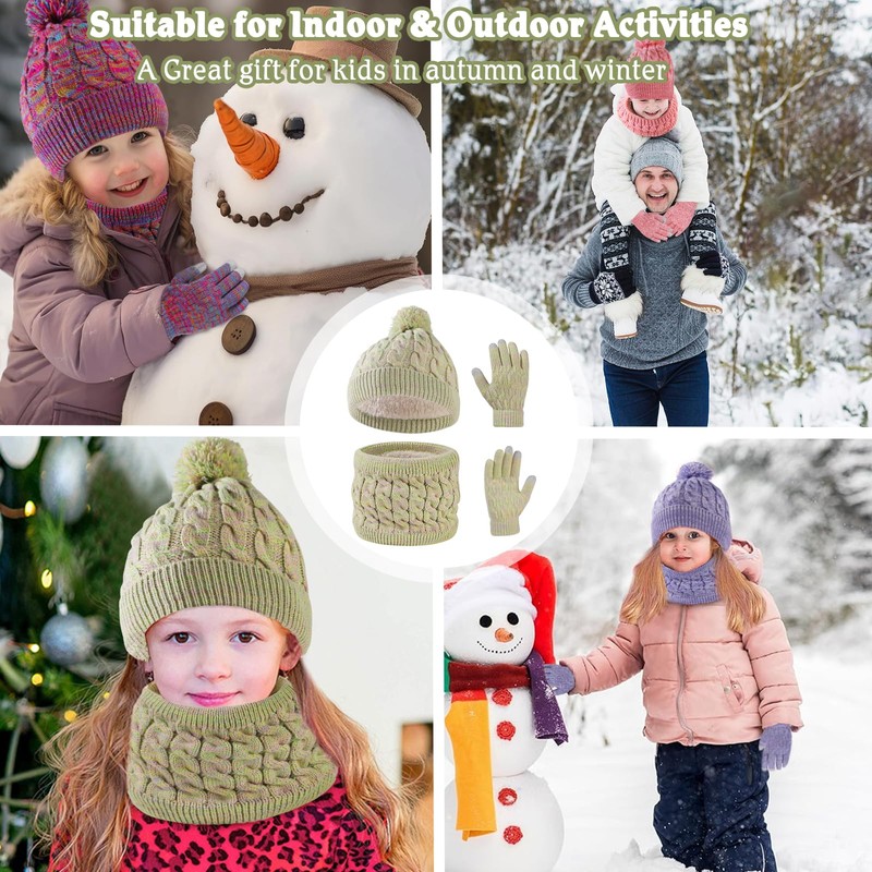 Waylipun Kids Winter Warm Beanie Hat Scarf Gloves Set, 3