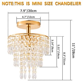 Modern Mini Crystal Chandelier, 3-Tier Raindrops Design Small Chandelier Light Fixture, Flush Mount Ceiling Light Fixture for Bedroom, Hallway, Living Room - E26 Base, Chandelier for Bedroom (Gold)