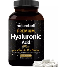 NatureBell Hyaluronic Acid 250mg Capsules - 240 Count with Biotin & Vitamin C - Skin, Joint