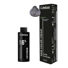 Femmas Hair Colour Set Grey, Hair Colour Cream 100 ml + Oxycreme 100 ml 6%, Permanent Hair Colouration + Developer, Gentle & Long-Lasting, Salon Hair Colour for Home