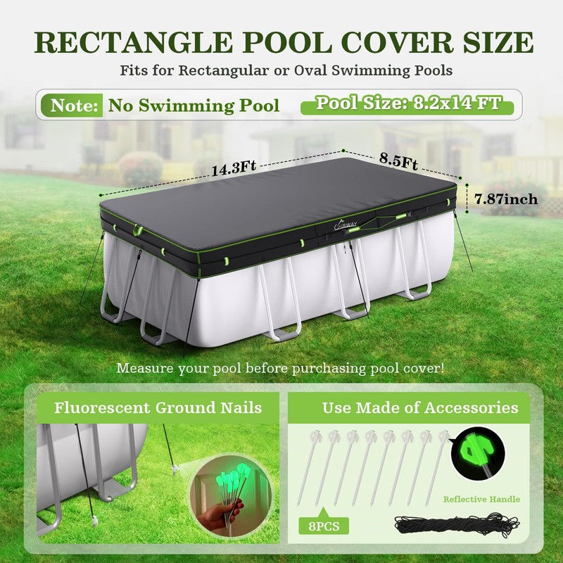 UIRWAY 8.2x14 FT Rectangular Pool Cover with Reflective Strips, Swimming