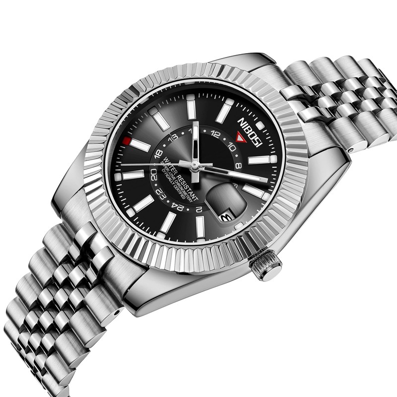 NIBOSI Watches for Men Analog Quartz Stainless Steel Dial Silver