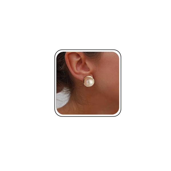 TseenYi Large Pearl Studs Earrings Gold Pearl Button Stud Earrings