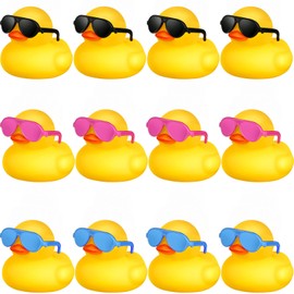 Chivao 12 Pcs Rubber Ducks with 12 Sunglasses/ Hats/ Headwear/ Scarf Small Cruise Ducks in Bulk Mini Rubber Duckies Bathtub Toys for Valentine's Day Gift Hide(Yellow, Duck with Colored Glasses)