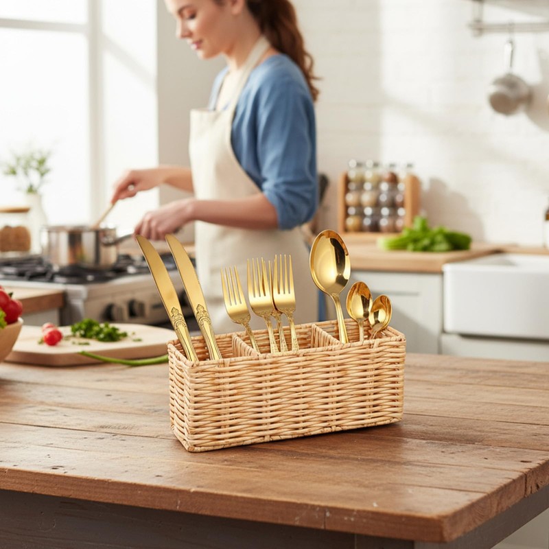 YBEATY Wicker Flatware Silverware Caddy, Plastic Woven Kitchen Cutlery Organizer