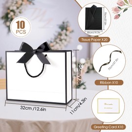 Venyat 10 Pcs White Large Gift Bags with Handle, 12.6x9.8x4.3 Inches Paper Gift Bags with Bow Ribbon and Tissue Paper and Greeting Cards, Present Bags for Wedding Birthday Party Bridesmaid Valentines (White)