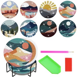 8 Pcs Diamond Painting Coasters with Holder, Sunset Theme DIY Diamond Art Coasters, Diamond Painting Coaster Kits with Cork Base for Beginners Art Craft Supplies, Holidays Gift (4 Inch)