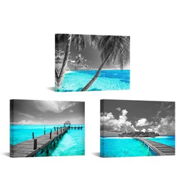 SkenoArt 3 Piece Canvas Prints Teal Beach Wall Art Ocean Tropical Palm Tree Pictures Grey Turquoise Sea Painting Bathroom Art Canvas for Home and Office Bedroom Decor Ready to Hang