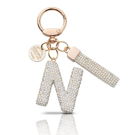 MORSUNBELA Key Fob, Girl's Key Fob, Letter Key Ring, Glitter Rhinestone, N