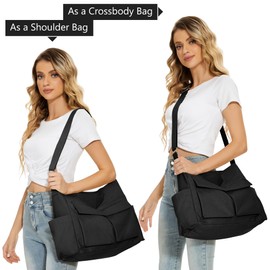 KALIDI Canvas Tote Bag, Messenger Bag with Pockets, Large Crossbody Bag for Women or Men, Casual Canvas Shoulder Bag for College Work Travel Daily, Black