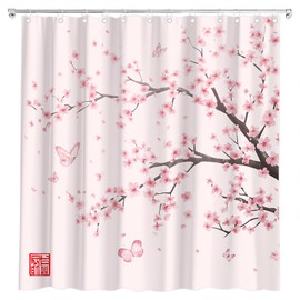 Pink Cherry Blossom Shower Curtain Plum Floral Flower Japanese Asian Anime Watercolor Cute Branch Ink Scenery Wildflower Bath Curtain Fabric Bathroom Accessories Decor with Hooks 70W x70L