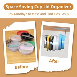 Ruquvi 2 Pack Tumbler Lid Organizer, Cup Lid Organizer, Self-Adhesive or Drilling Tumbler Lid Storage Hook Under-Cabinet Mount, Holds Multiple Lids, Saves Kitchen Cabinets and Countertop Space