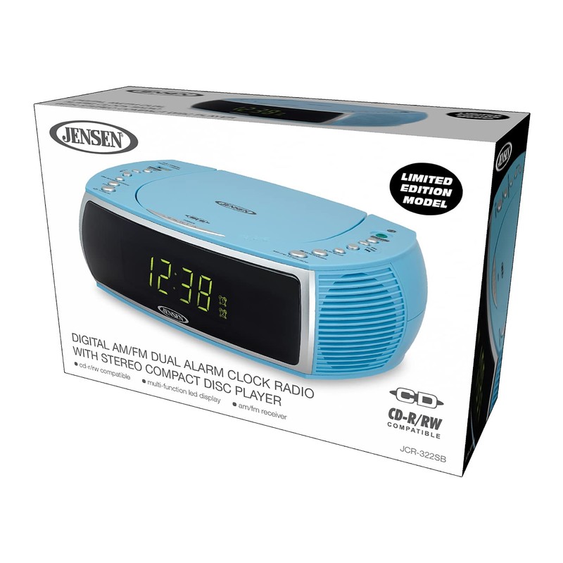 Jensen Sky Blue Modern Home CD Tabletop Stereo Clock Digital