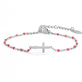 HMOOY 14K Gold Plated Cross Beaded Bracelet for Women, Stainless Steel Adjustable Religious Christian Bracelet Faith Confirmation Jewelry Easter Party Birthday Gifts for Women (Red, Silver Plated)