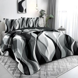 Classic Line Pattern Bedding Quilt King Size Modern Grey Black and White Stripe Quilt with 2 Shams, Gray and White Comforter Sets Lightweight Breathable Bedspreads Coverlet, 96''x106''