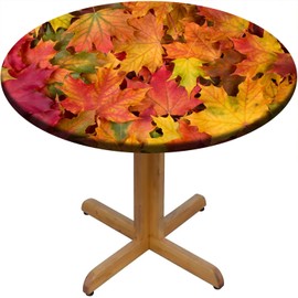 Round Fitted Tablecloths, Autumn Maple Leaves Elastic Edge Table Cover, Thanksgiving Day Stain Resistant Washable Table Clothes for Family Holiday BBQ Party Use, Fits Tables Up to 28" Diameter