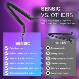 Sensic SA-30 Microphone Boom Arm, 360° Rotatable Mic Stand with 6 inch riser, Microphone Holder with 1/4", 3/8" and 5/8" Adapters, Professional Microphone Arm with Accessories, Mic Boom Arm Black