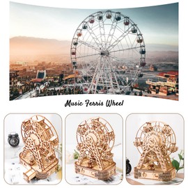 Hallisun 3D Wooden Puzzle for Adults with Music Box, Dance Ferris Wheel Model City Building Kit, DIY Handicraft Wood Storage Box, Hobbies, Birthday Gift for Family Friends, Home Decor, 160pcs