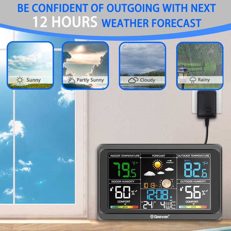 Geevon Upgraded HD Display Weather Station Wireless Indoor Outdoor Thermometer,