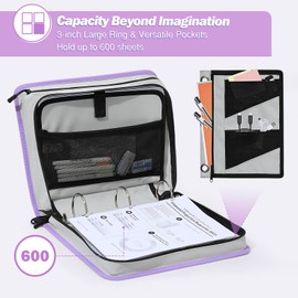 MoKo Zipper Binder, 600 Sheet Large Binder Thick Oxford Multi-Pocket School Binder with Zipper, 3" Large 3 Ring Binder Organizer with Handle & Shoulder Strap, Purple & Gray