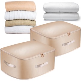Mozvvco Pack of 2 132 L Space-Saving Self-Compressing Organiser, Large Self-Compression Organiser, 52 x 42 x 60 cm Movable Storage Bag for Clothes, Duvets, Bedding (Beige, XL)