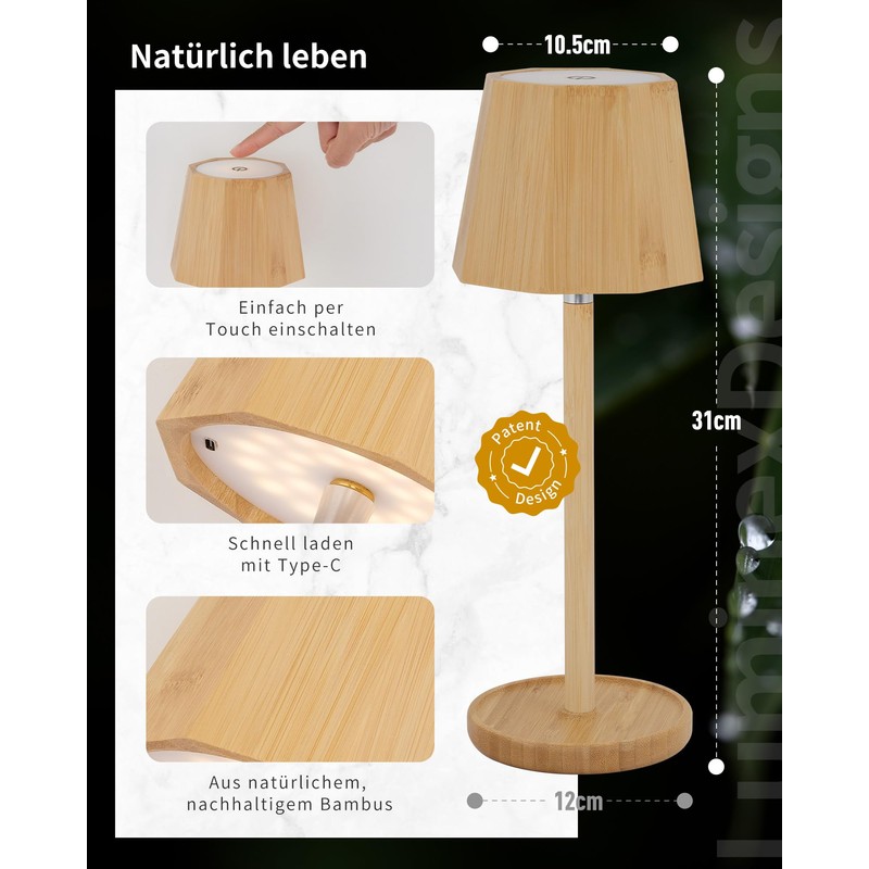 LuminexDesigns Bamboo LED Table Lamp Wireless Dimmable Lamp 3000K/4000K/6000K 5200mAh