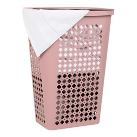 Mind Reader Slim Tapered Laundry Hamper with Lid, Clothes Basket with Swiss Cross Cut-Outs, Lightweight & Ventilated, Plastic, 16.75"L x 12.75"W x 23"H, Pink