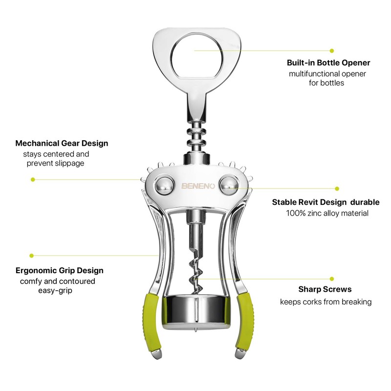 Beneno Wine Opener, Zinc Alloy Premium Wing Corkscrew with Multifunctional