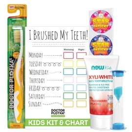 MOUTHWATCHERS Childrens Dental Care Kit: Toothbrush for Kids, 3 oz Strawberry Fluoride Free Toothpaste, Dry Erase Checkboard, Timer, Stickers, Manual Flossing Toothbrushes Gift Set, by Dr. Plotka's