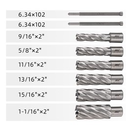 YXHTOOLS HSS Annular Cutter Set 6 pcs Cutting Depth 2" 3/4 Inch Weldon Shank and Diameter 9/16”,5/8”,11/16”,13/16'',15/16'',1-1/16'' with 2 Pilot Pins for Drill Press Standard,Magnetic Drill Press
