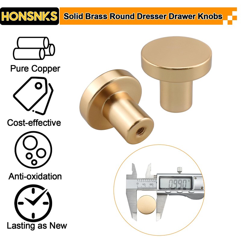HONSNKS Gold Round Metal Dresser Drawer Knobs, Brushed Solid Brass