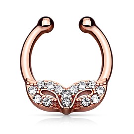 Lobal Domination 1pc Non-Piercing Masquerade Mask Septum Hanger Paved with CZ Gems Clip-On Fake Nose Ring CZ Gem (Rose Gold)