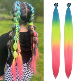 Blue Yellow Pink Braiding Hair Extension for Braids Synthetic Braid Ponytail Extensions with Elastic Tie Fashion Festival Rave Hair Accessories(Pack of 2)