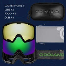 Odoland Ski Goggles Set with Magnetic Interchangeable Lens, Anti-Fog UV Protection Snow Goggles for Men and Women, Helmet Compatible, Black Frame Green Lens
