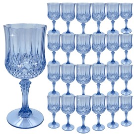 LEYIQU 24PCS Blue Plastic Goblets，Plastic Wine Glasses Vintage Style Cordial Glasses Plastic Goblets for Wedding Reception, Grand Event Party Supplies (24, Blue)
