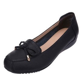 Jamron Women’s Genuine Leather Comfort Shoes, Soft Sole Ballet Flats, Low Wedge Heel, Slippers, Black tie