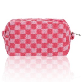 Tyqour Checkered Makeup Bag for Purse, Cute Cosmetic Bag, Portable Zipper Makeup Pouch, Knitting Travel Pouch for Women Preppy Travel Accessories (Pink, 6.69 X 2.76 Inch)